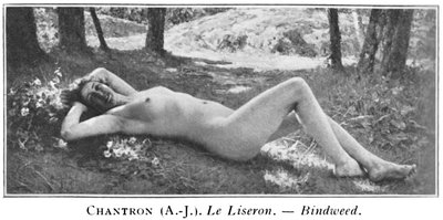 Black and White Photo of a Painting Depicting a Nude Woman Reclining in a Forest Near a Patch of Flowers with Trees and a Shallow Waterfall in the Background by Alexandre Jacques Chantron